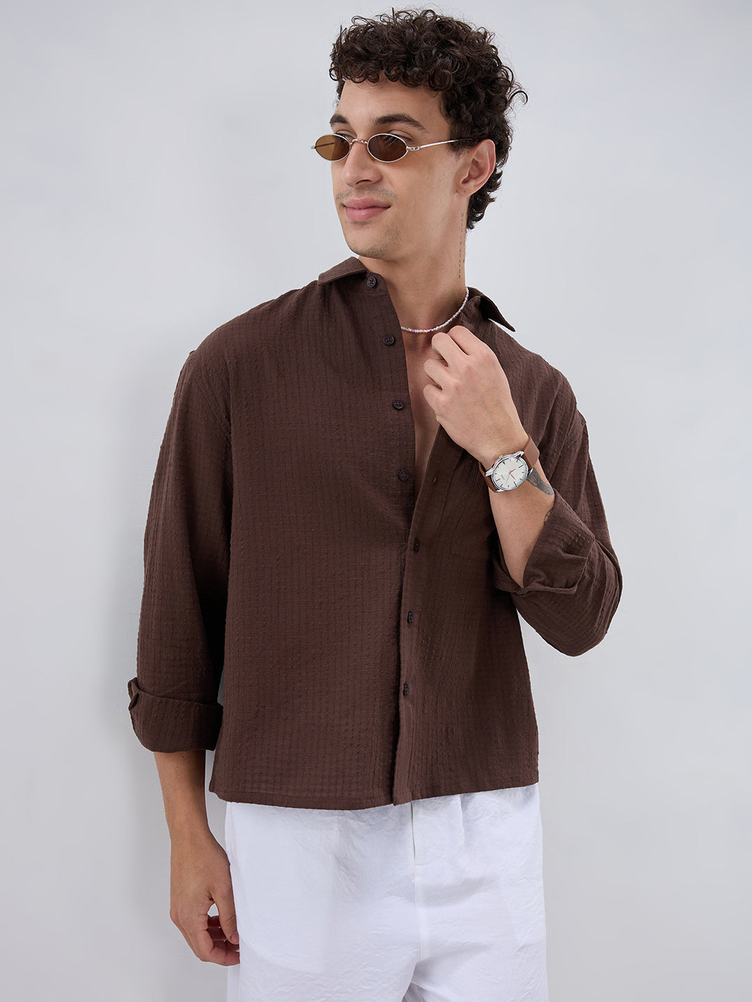 Chocolate Brown Micro Box Textured Boxy Fit Crop Shirt