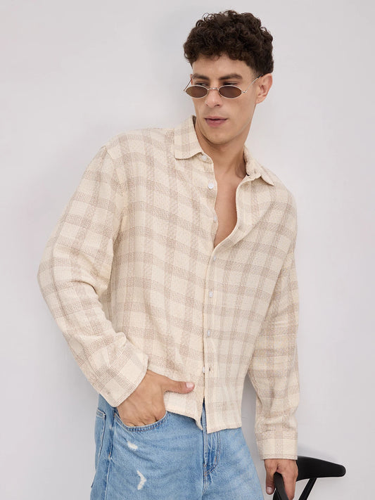 Sand Beige Honeycomb Grid Weave Boxy Fit Crop Shirt
