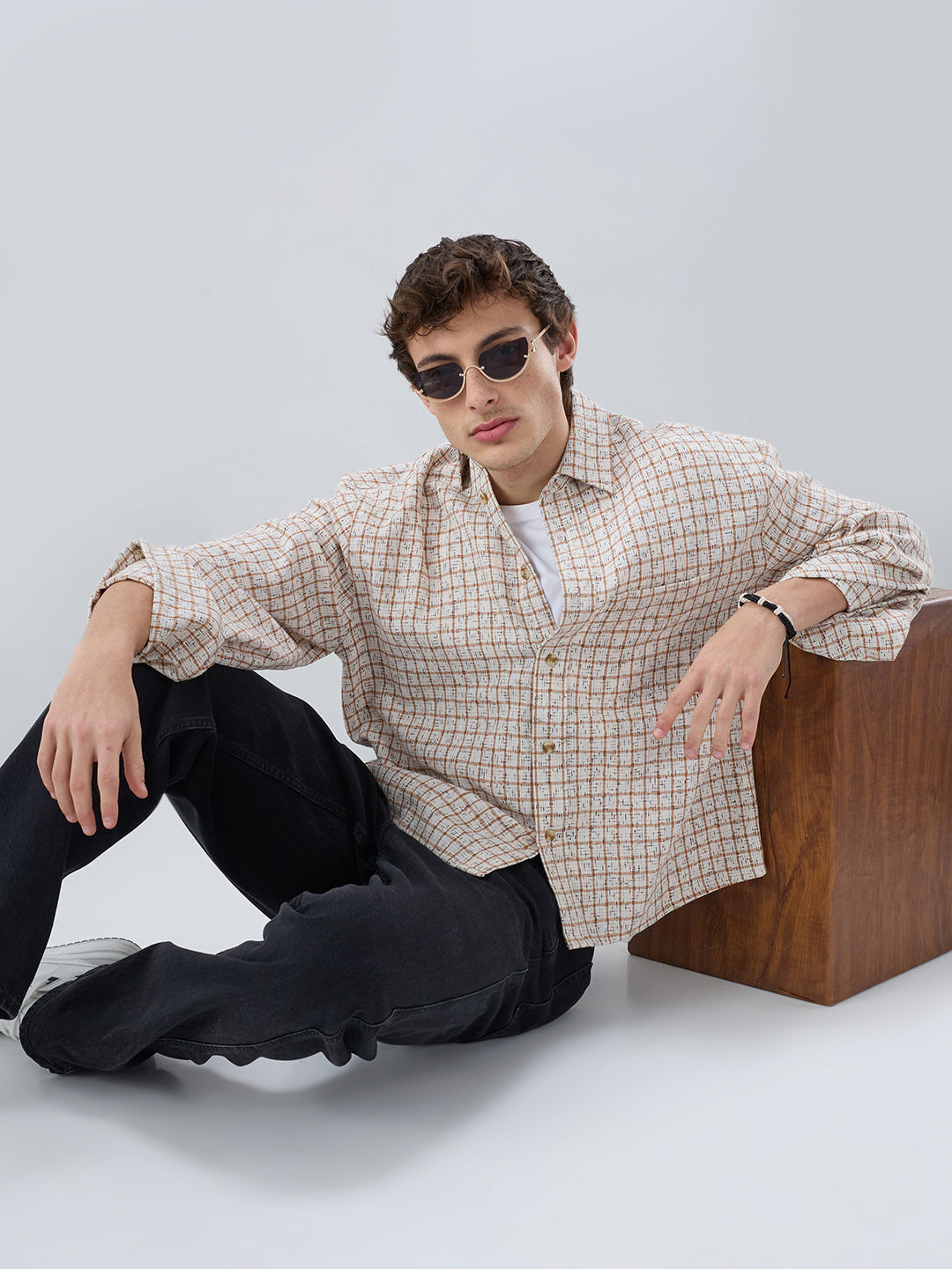 White & Brown Interweave Textured Cuffless Oversized Crop Shirt