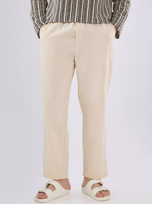 Bisque Beige Seersucker Striped Tapered Trousers