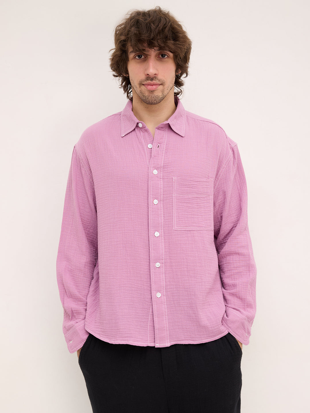 Rich Lilac Double Cloth Boxy Fit Crop Shirt