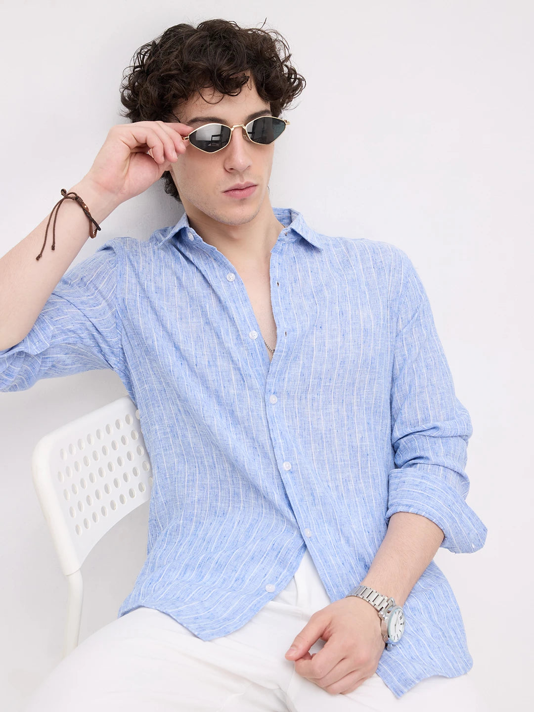 Trendy Blue Melange Vertical Striped Shirt