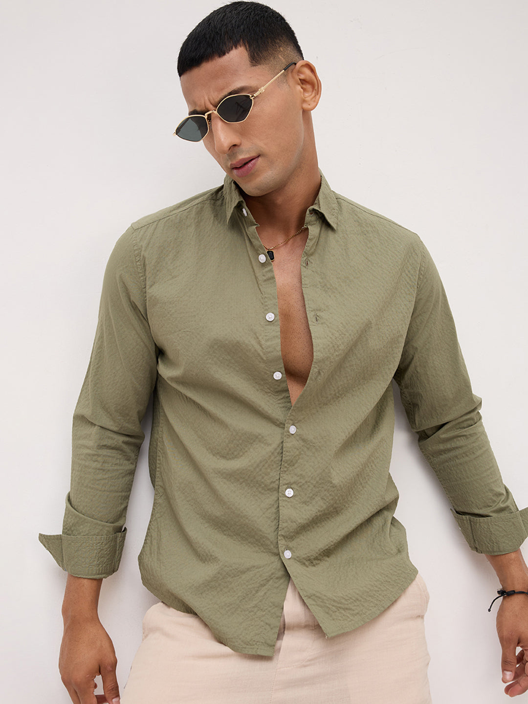 Artichoke Green Minimal Textured Shirt