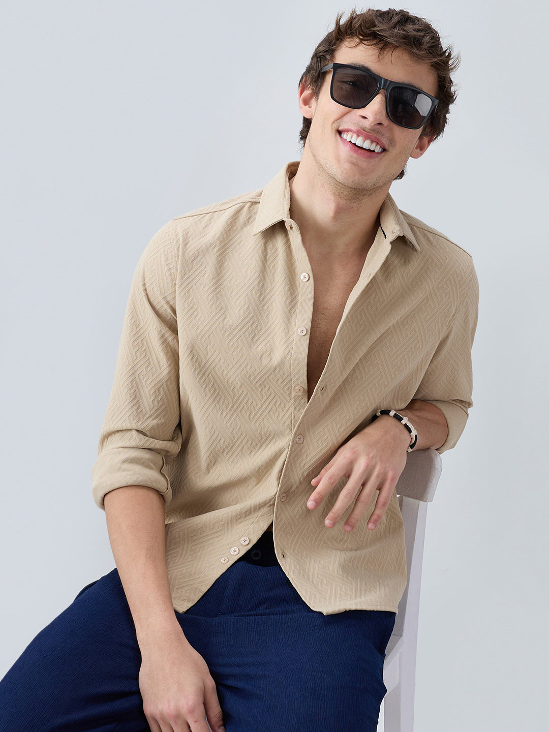 Sand Beige Interlock Maze Weave Knitted Shirt