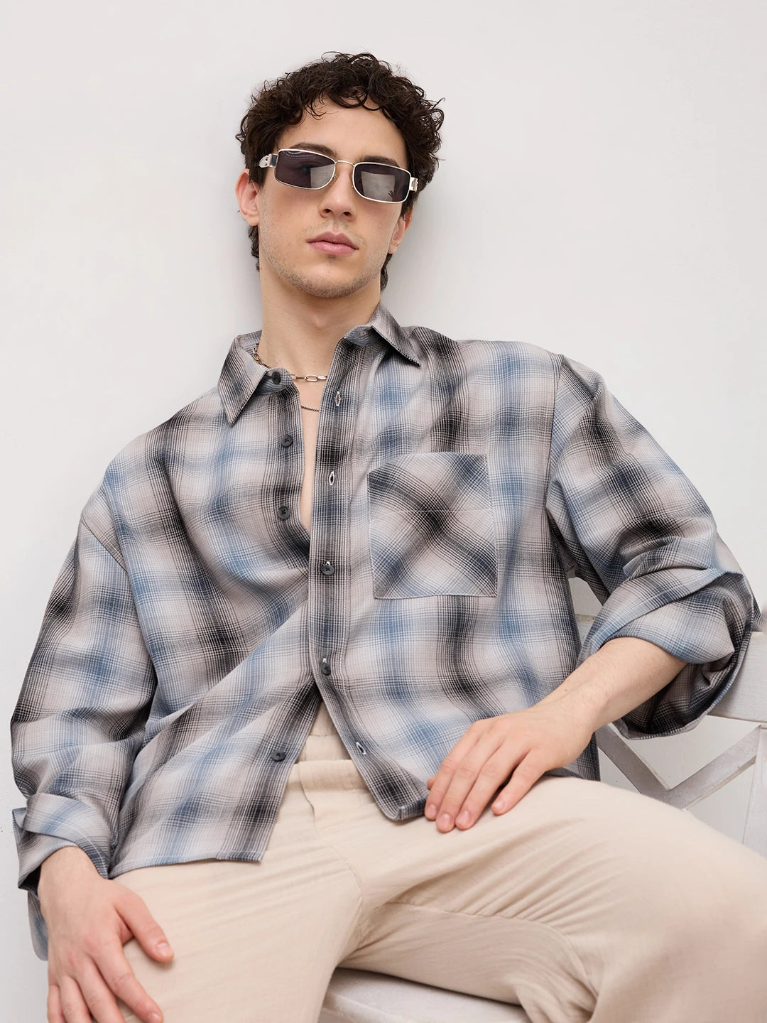 Luxe Grey Shadow Checks Cuffless Oversized Crop Shirt