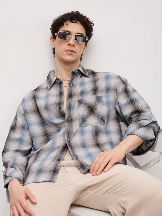 Luxe Grey Shadow Checks Cuffless Oversized Crop Shirt