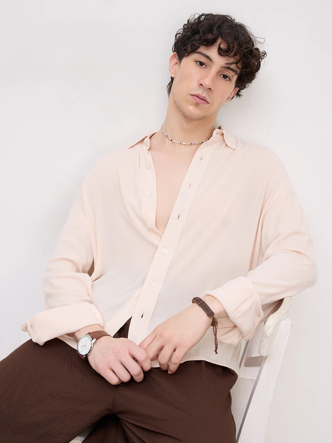 Soft Pastel Beige Crepe Textured Boxy Fit Shirt