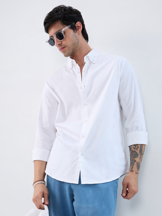 White Satin Button-Down Collar Business Shirt