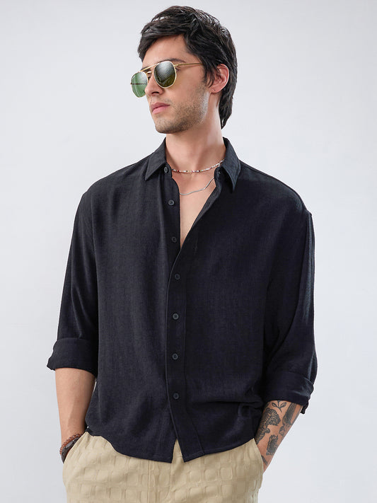 Timeless Black Subtle Textured Boxy Fit Crop Shirt