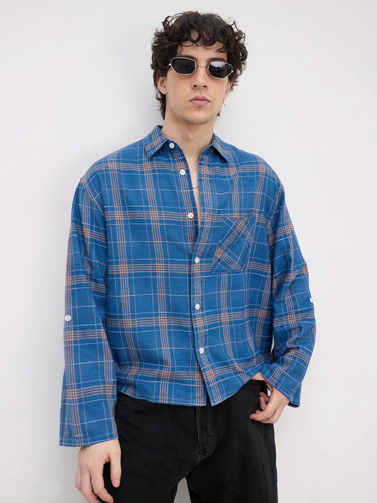 Denim Contrast Square Checks Cuffless Oversized Crop Shirt