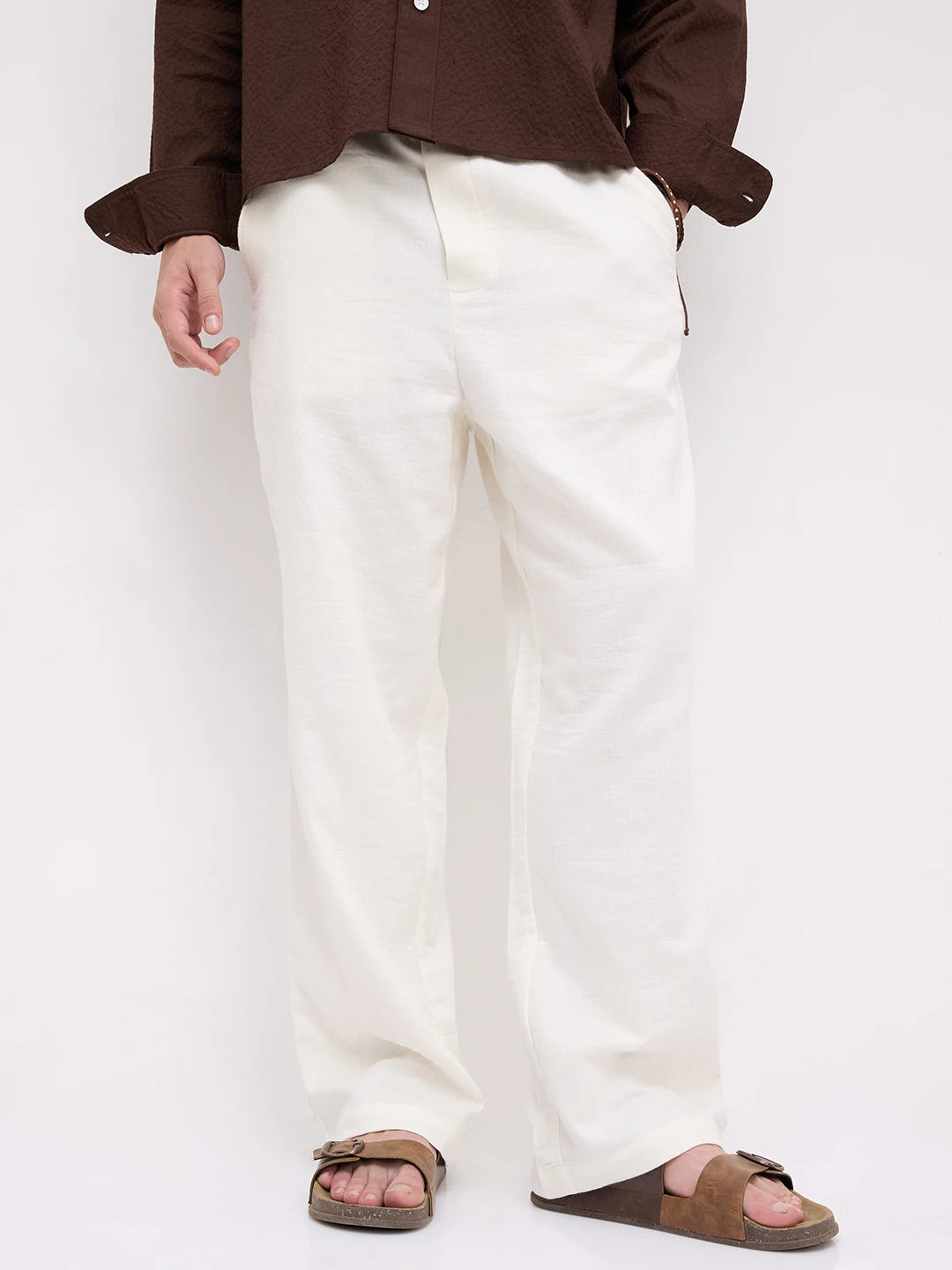 Pearl White Herringbone Textured Straight Fit Trousers