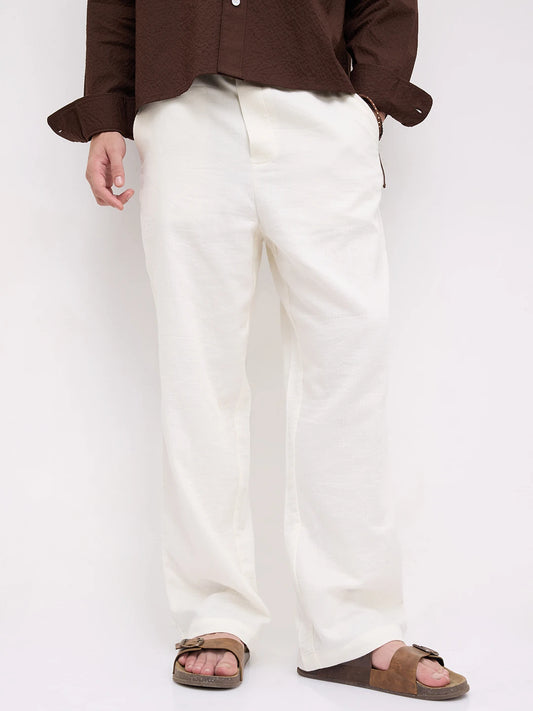 Pearl White Herringbone Textured Straight Fit Trousers