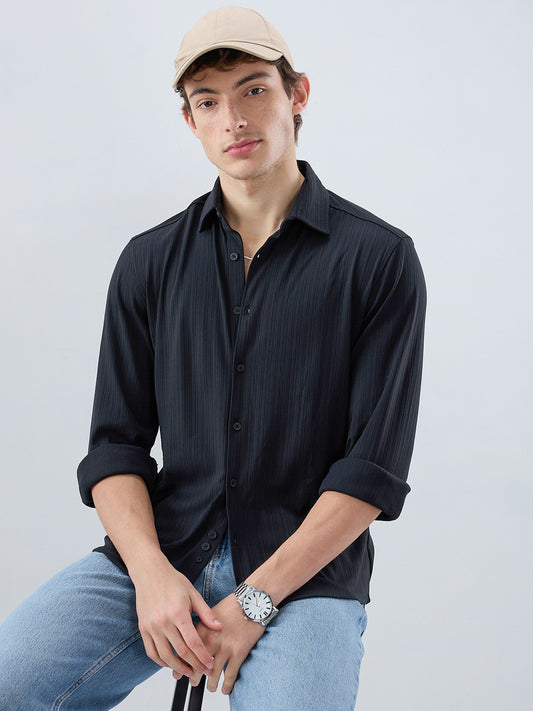 Timeless Black Fine Vertical Ribbed Knitted Shirt