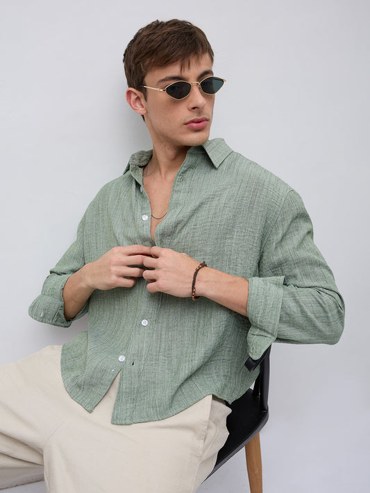 Mint Green Textured Boxy Fit Crop Shirt
