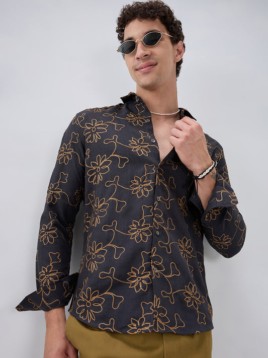 Grey Slub Textured Floral Contrast Embroidered Shirt