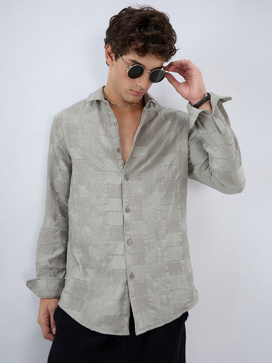Grey Block Checks Motif Embossed Shirt