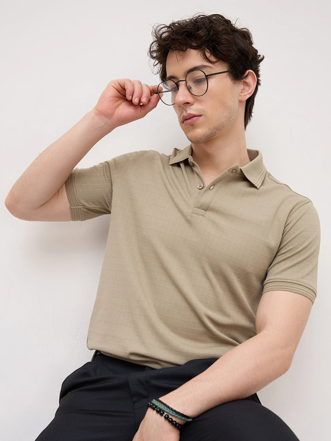 Soft Beige Checks Weave Polo Tee