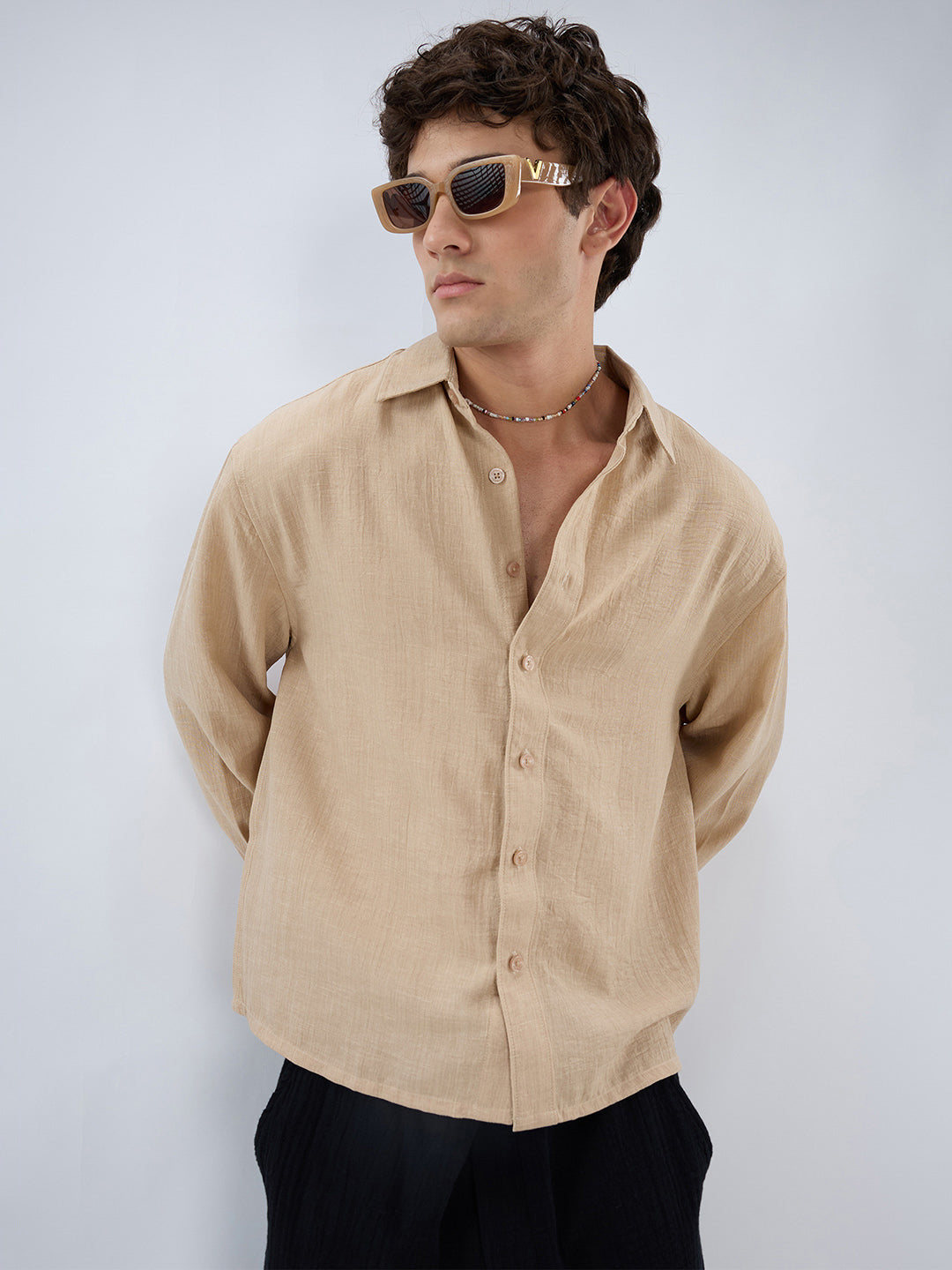 Beige Slub Textured Boxy Fit Crop Shirt