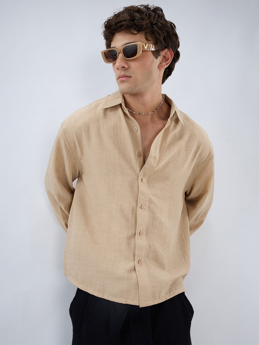 Beige Slub Textured Boxy Fit Crop Shirt