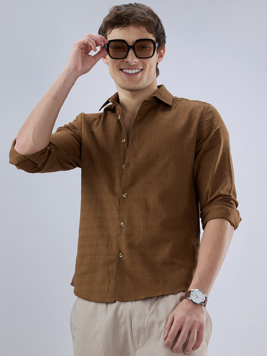 Russet Brown Micro Grid Weave Textured Shirt