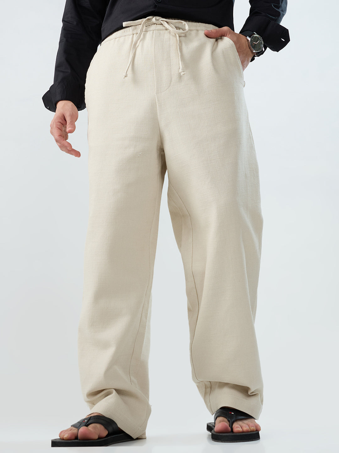 Beige Slub Textured Straight-Fit Trousers