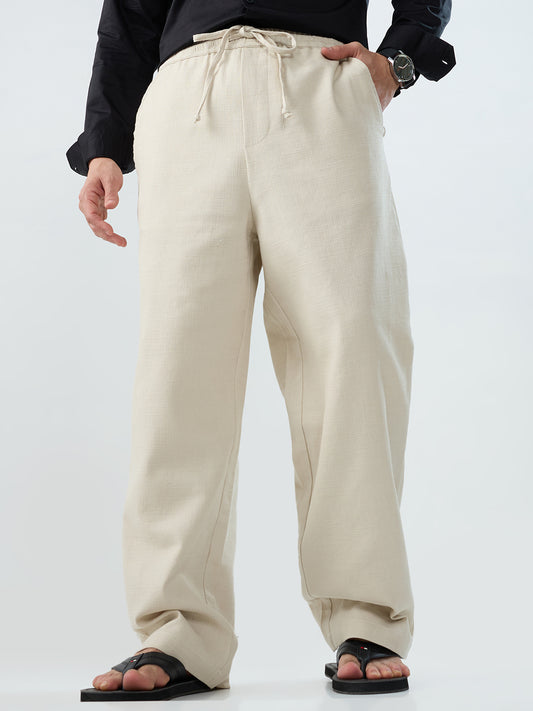 Beige Slub Textured Straight-Fit Trousers