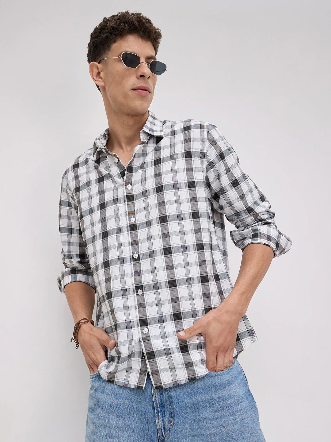 Premium White & Grey Plaid Checks Textured Shirt