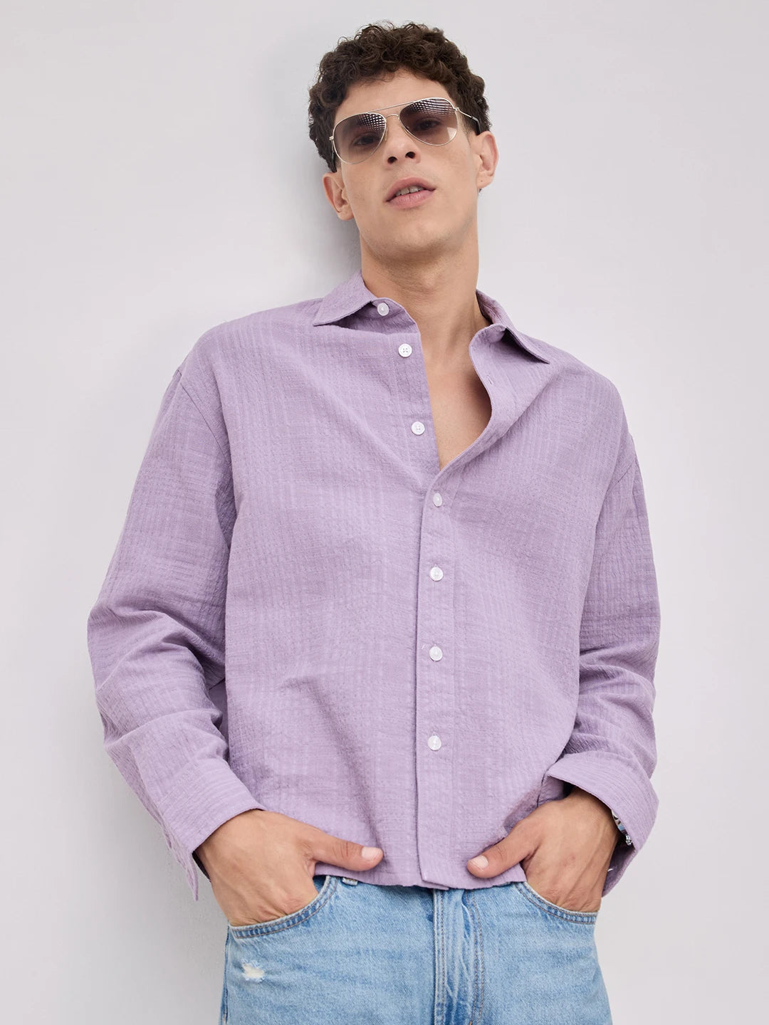 Soft Lavender Double Cloth Gauze Textured Boxy Fit Crop Shirt