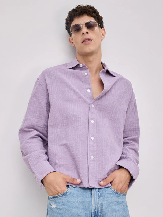 Soft Lavender Double Cloth Gauze Textured Boxy Fit Crop Shirt