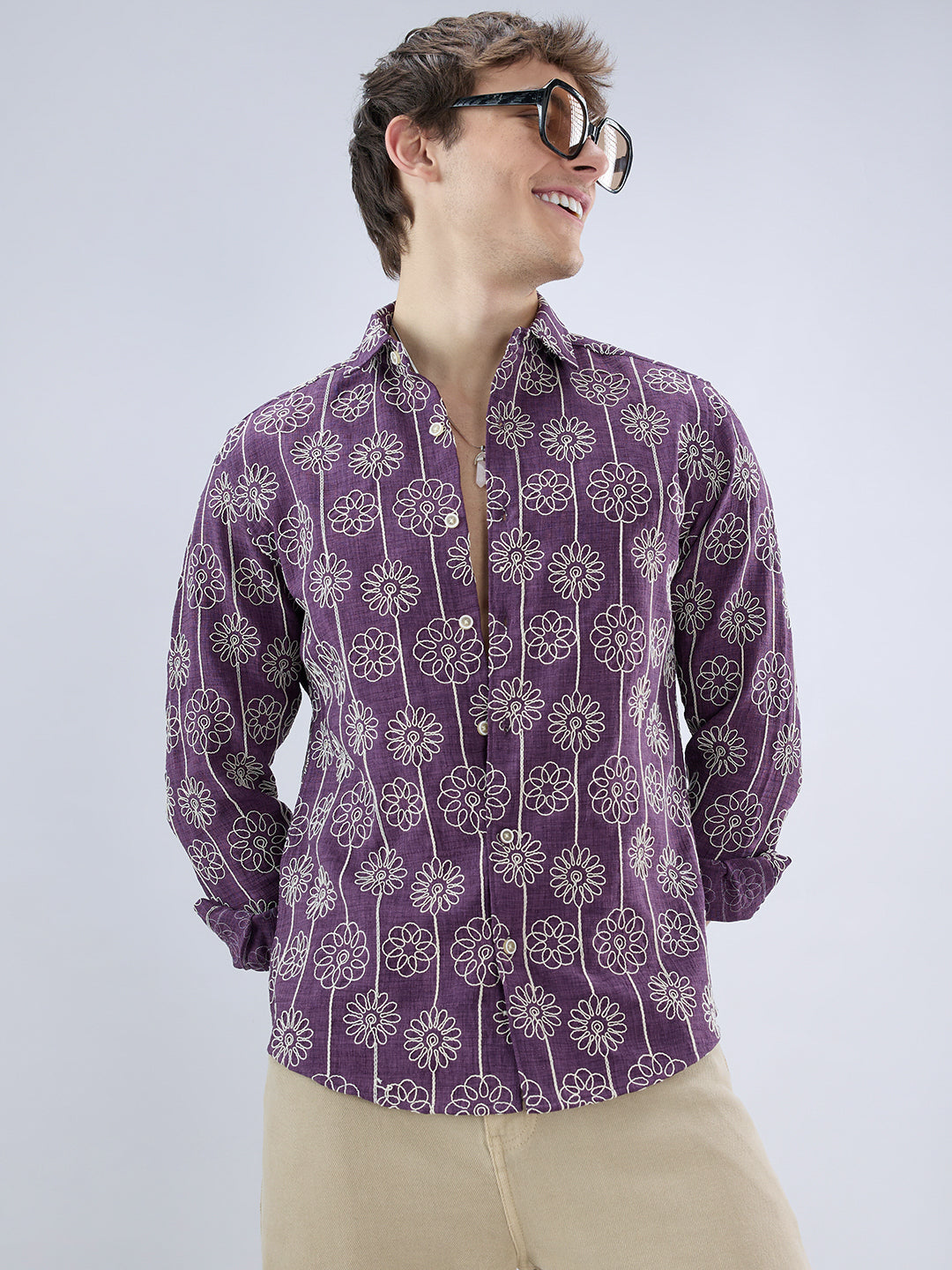 Aubergine Floral Embroidered Slub Shirt
