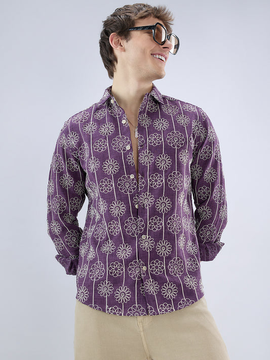 Aubergine Floral Embroidered Slub Shirt