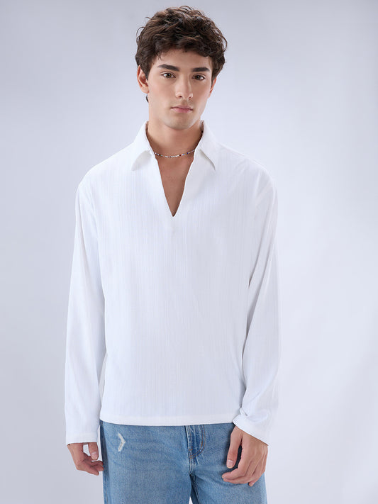 Snow White Micro Weave Knitted Oversized Polo Shirt