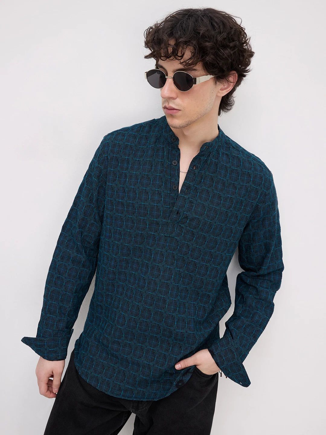 Rich Architectural Weave Teal Checks Kurta