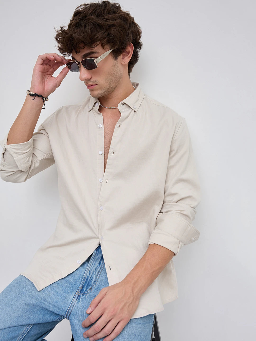 Creamy Beige Herringbone Textured Button-Down Shirt