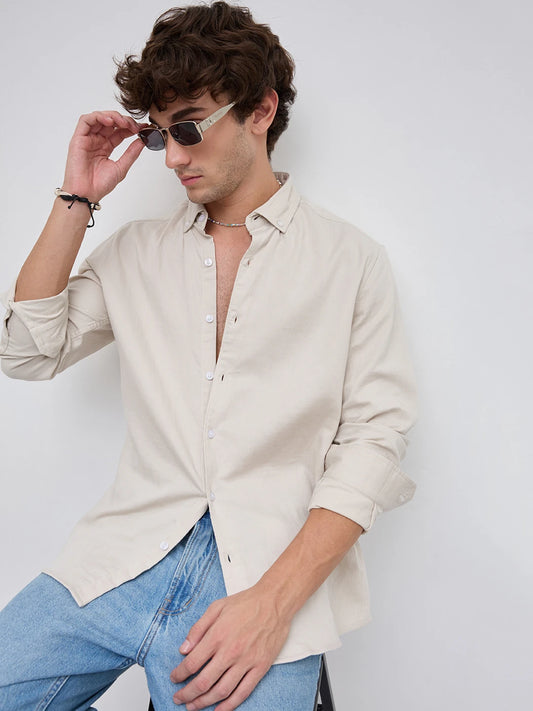 Creamy Beige Herringbone Textured Button-Down Shirt