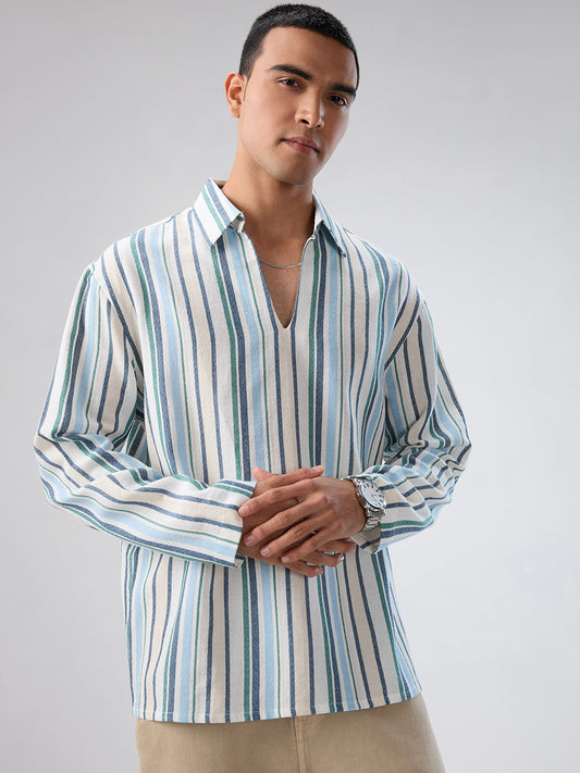 Coastal Blue Striped Oversized Polo Shirt