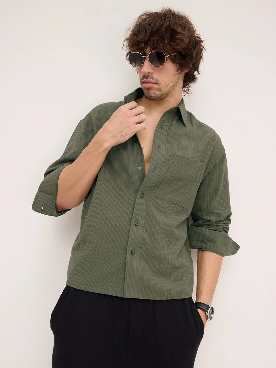 Olive Fine Striped Textured Boxy Fit Crop Shirt