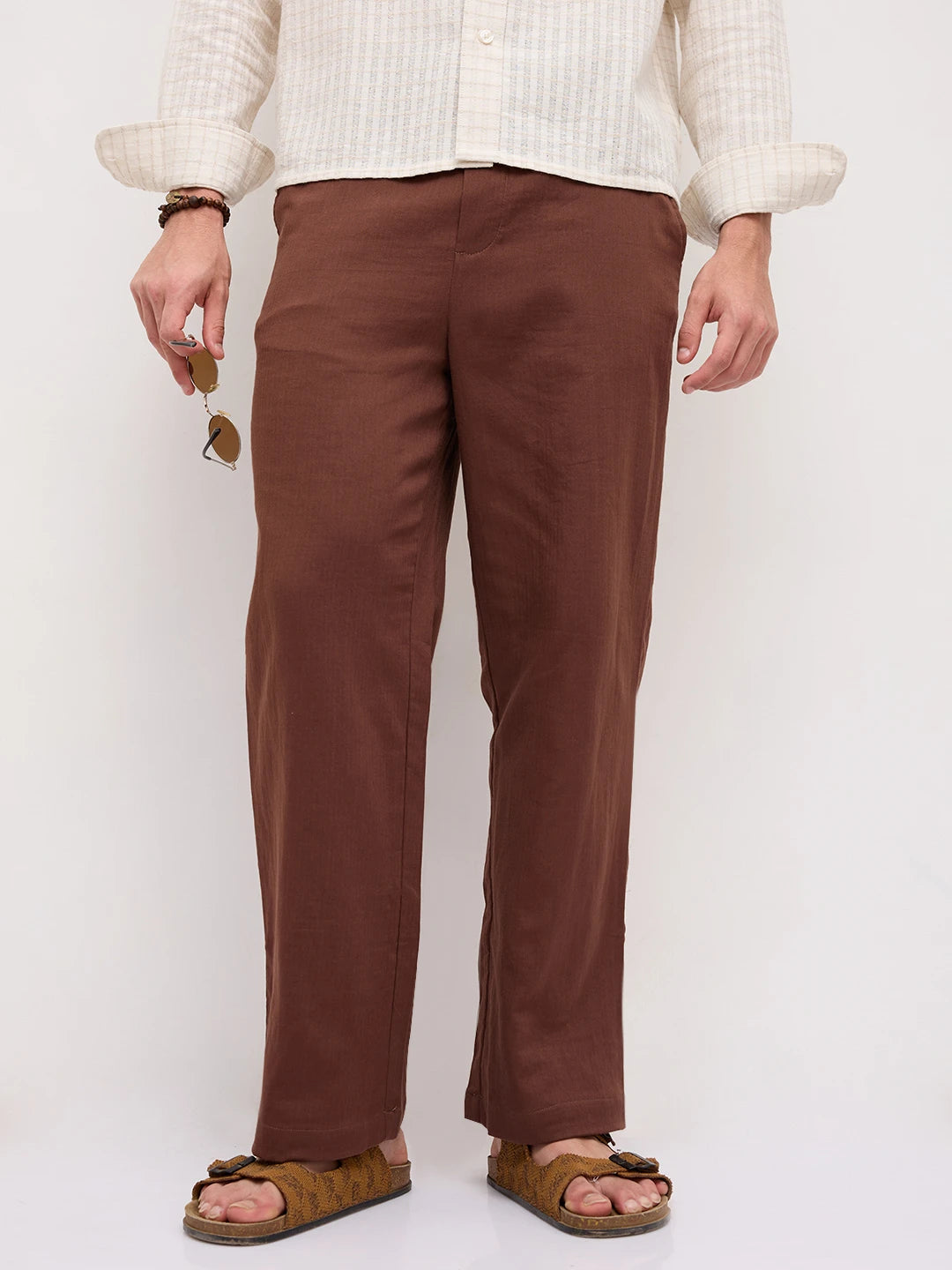 Coffee Brown Fine Herringbone Textured Straight Fit Trousers