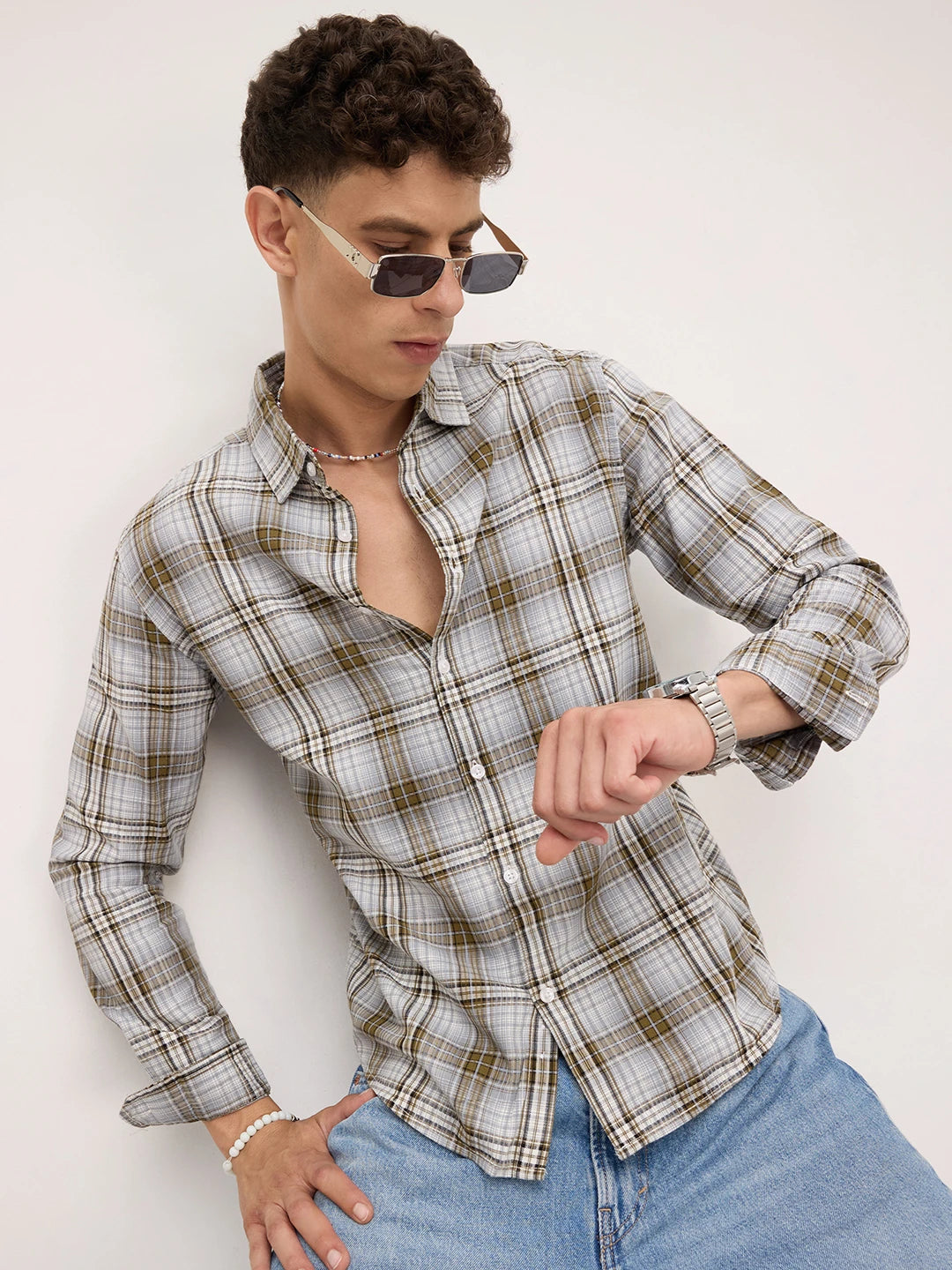 Olive & Grey Fine Striped Plaid Checks Shirt