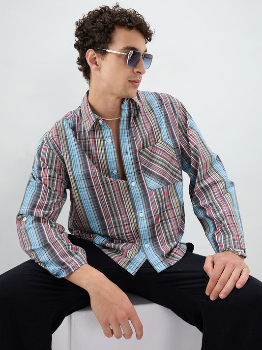 Multi Stripe Fusion Checks Cuffless Oversized Crop Shirt