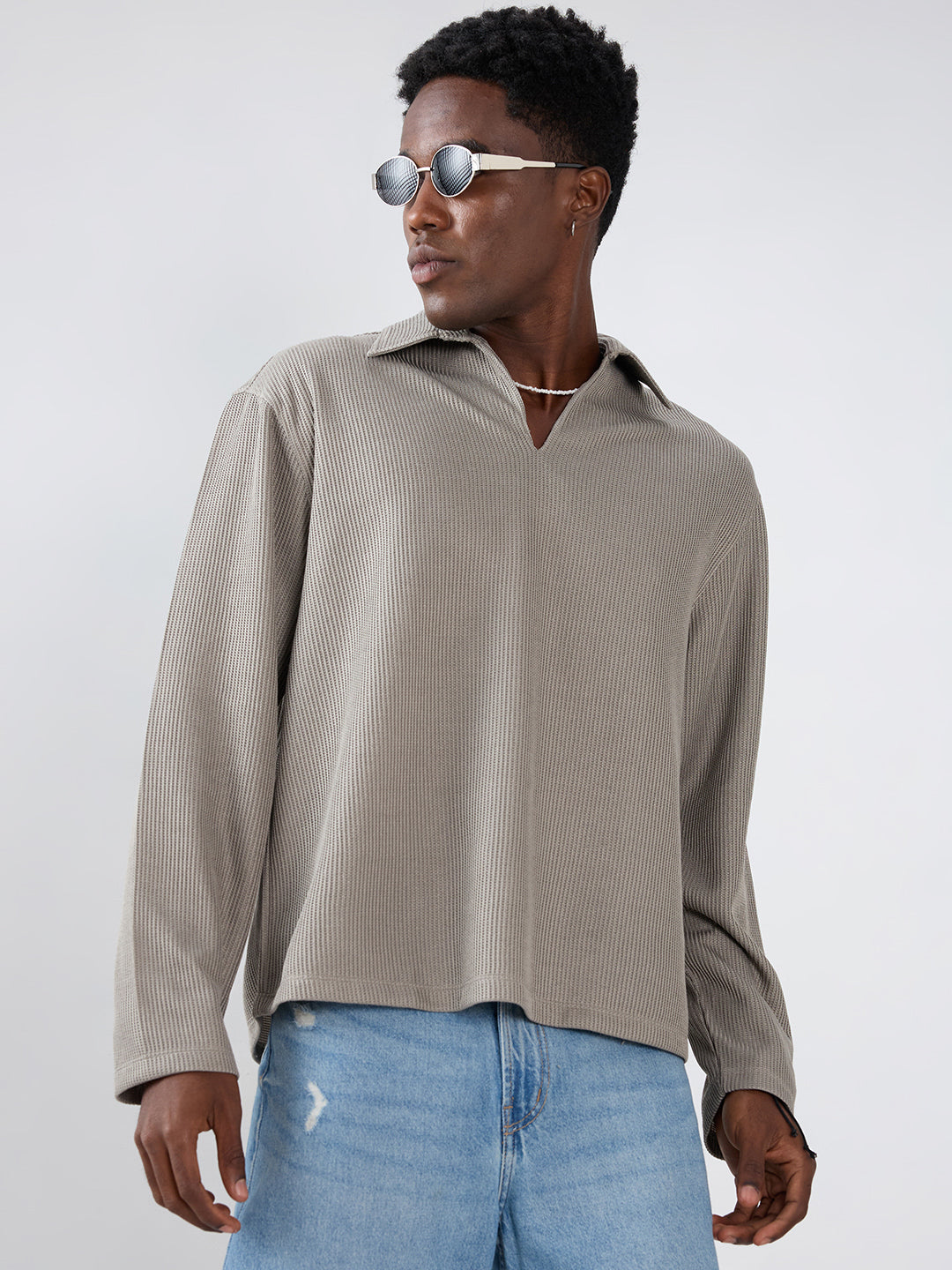 Steel Grey Refined Textured Knitted  Oversized Polo Shirt