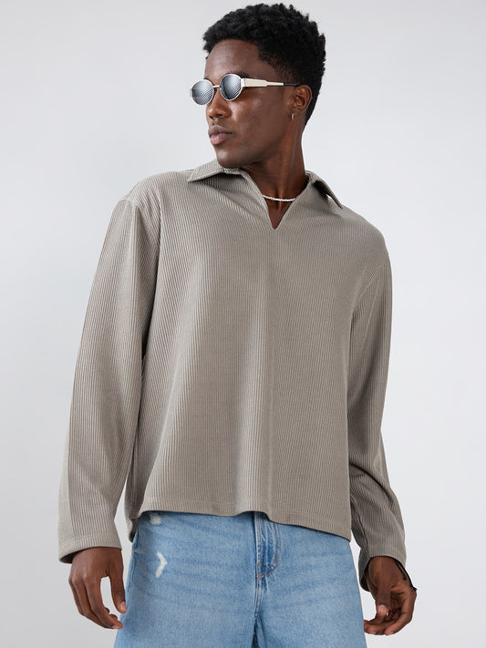 Steel Grey Refined Textured Knitted  Oversized Polo Shirt