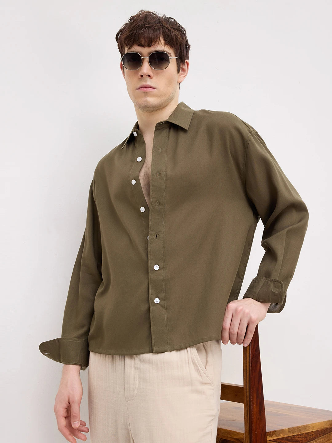 Deep Olive Boxy Fit Crop Shirt