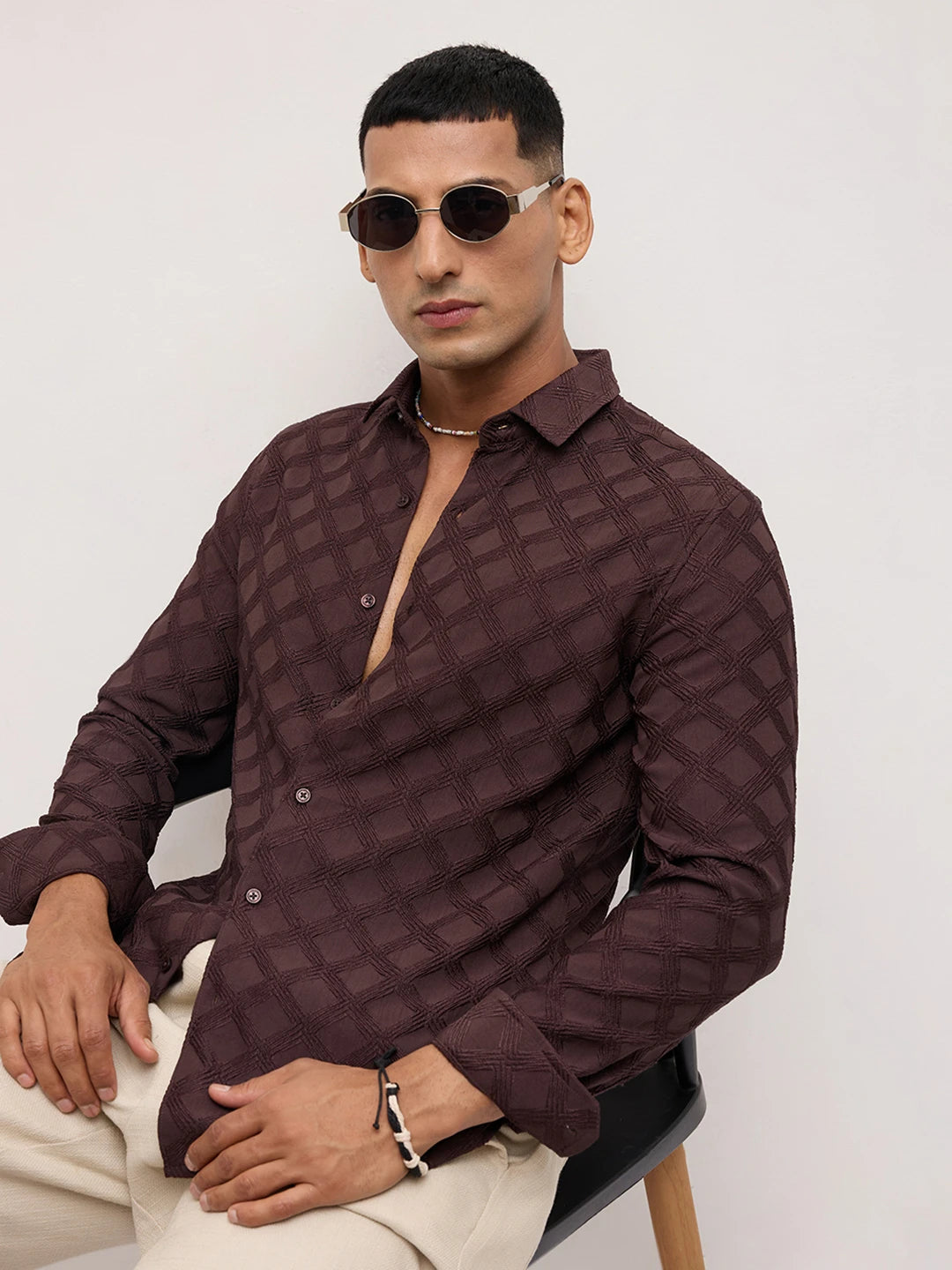 Cocoa Brown Diamond Textured Shirt