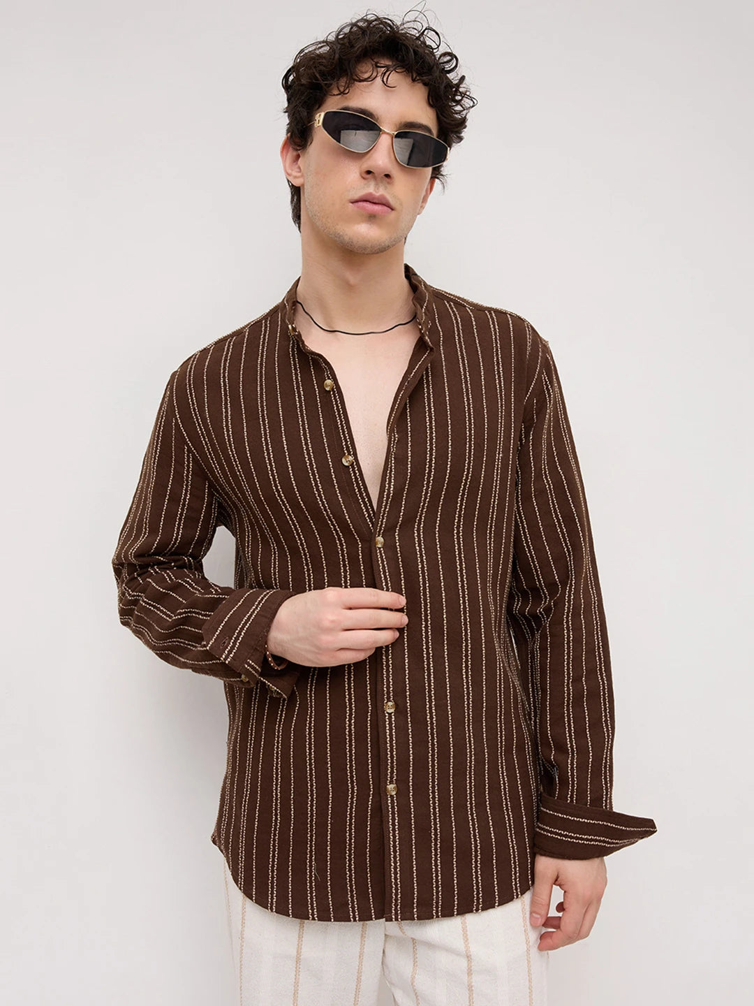 Brown & Beige Embroidered Striped Mandarin Shirt