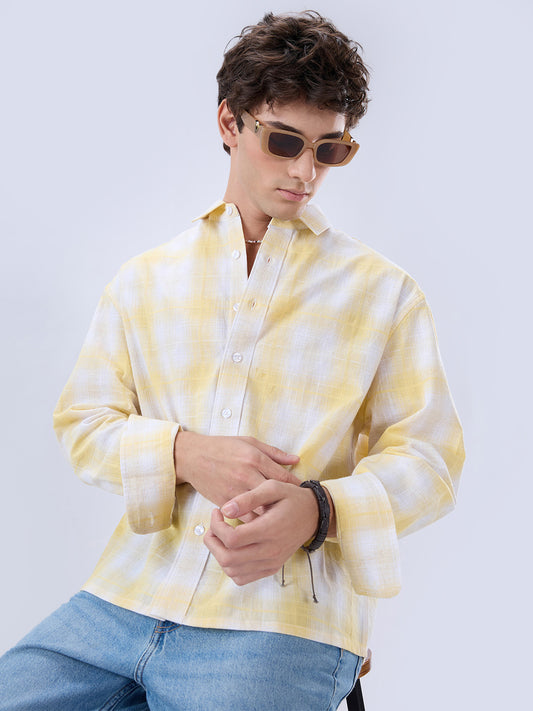 Sun Yellow Slub Grid Checks Boxy Fit Crop Shirt