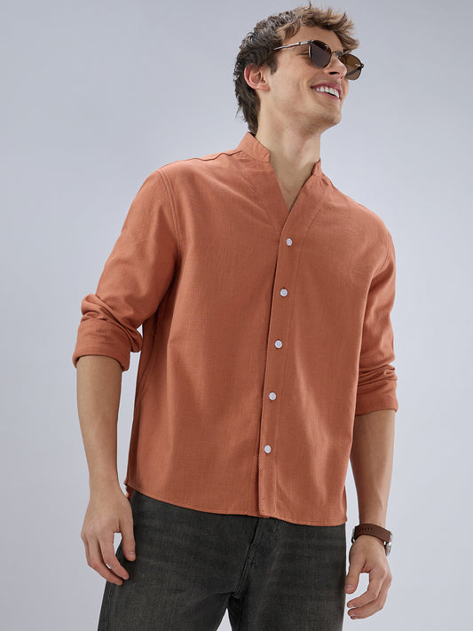 Soft Cider Orange Diagonal Textured Stand Collar Oversized Shirt