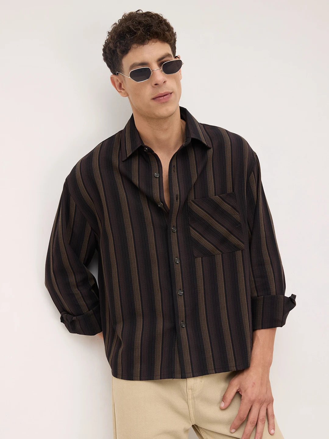 Twilight Brown Multi-Striped Boxy Fit Crop Shirt