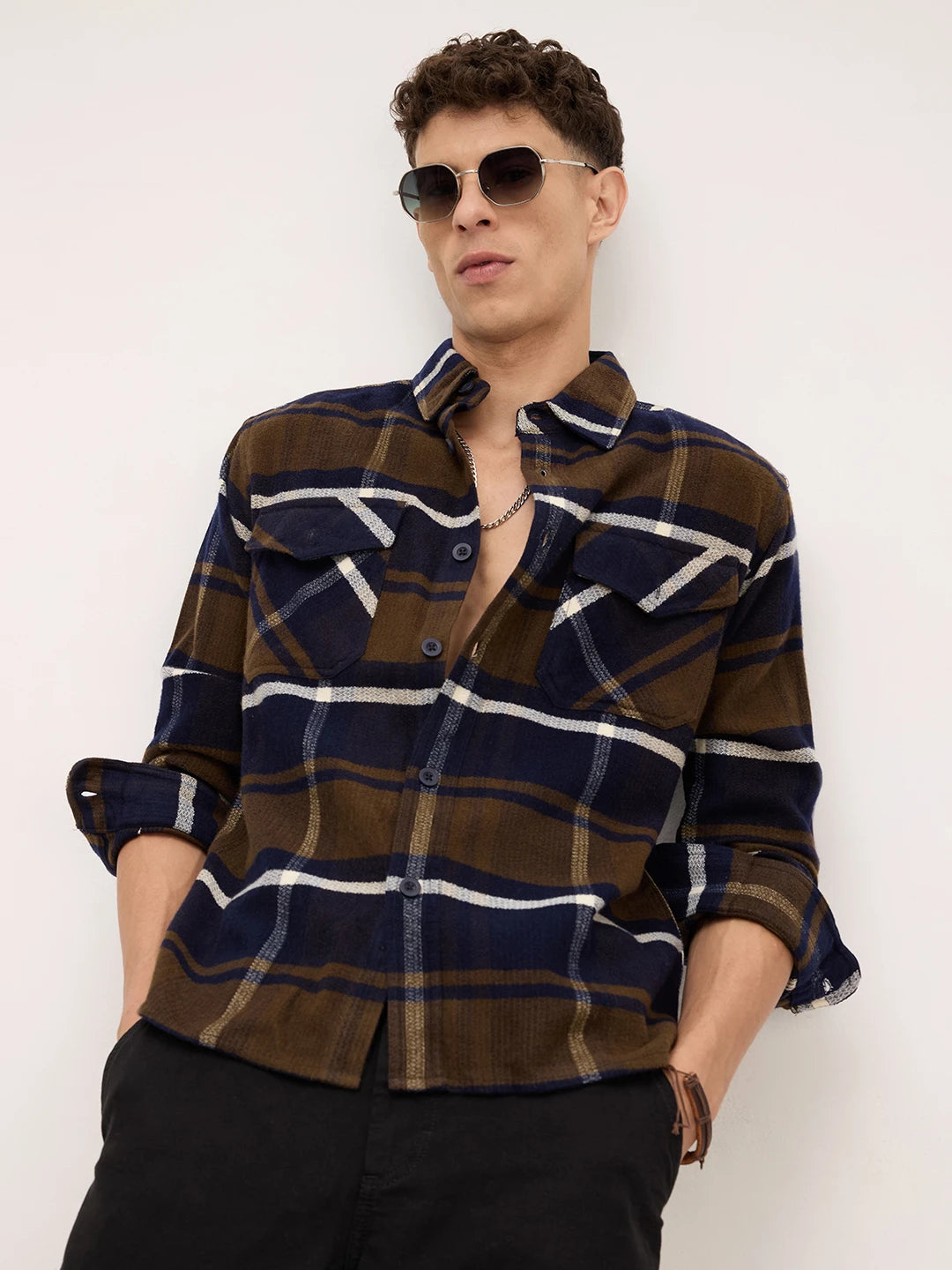 Walnut Brown & Navy Plaid Checks Double Pocket Flannel Shirt