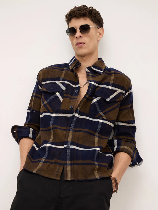 Walnut Brown & Navy Plaid Checks Double Pocket Flannel Shirt